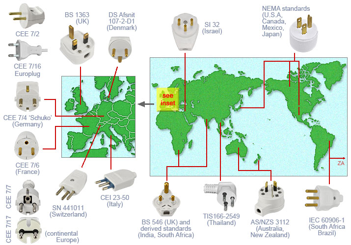 World map with plug standards