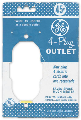 Carton of General Electric 4-plug outlet, front